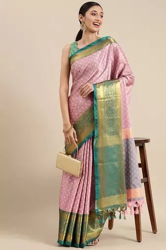 Pink blended cotton woven zari work saree with blouse