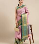 Pink blended cotton woven zari work saree with blouse