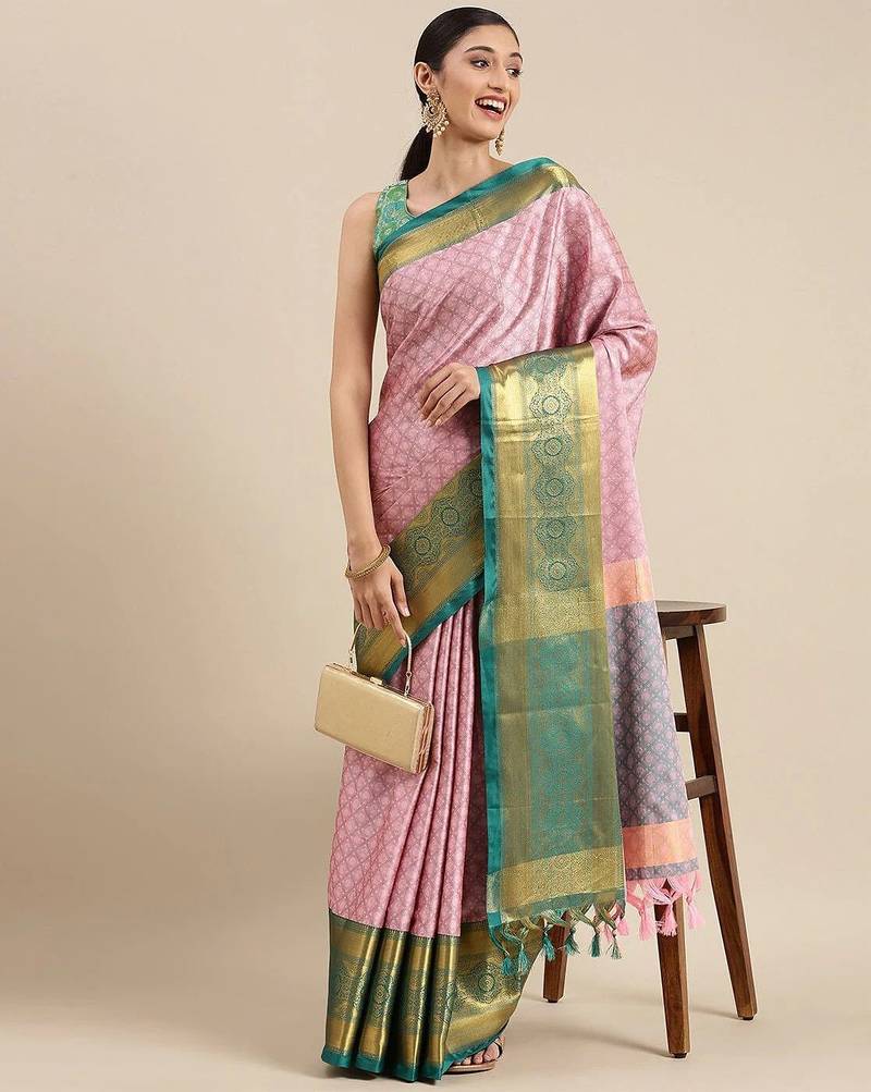 Pink blended cotton woven zari work saree with blouse