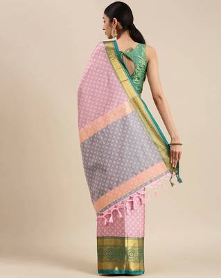 Pink blended cotton woven zari work saree with blouse 2