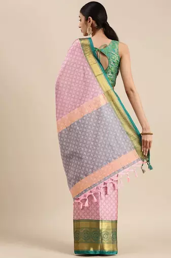 Pink blended cotton woven zari work saree with blouse