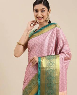 Pink blended cotton woven zari work saree with blouse 3