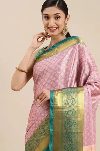 Pink blended cotton woven zari work saree with blouse