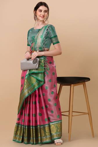 Pink organza woven zari work saree with blouse