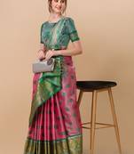 Pink organza woven zari work saree with blouse