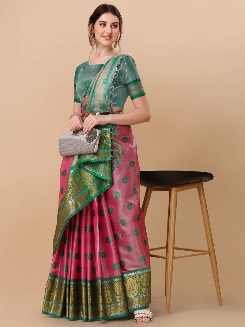 Pink organza woven zari work saree with blouse
