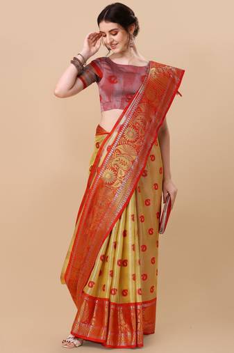 Yellow organza woven zari work saree with blouse