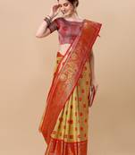 Yellow organza woven zari work saree with blouse