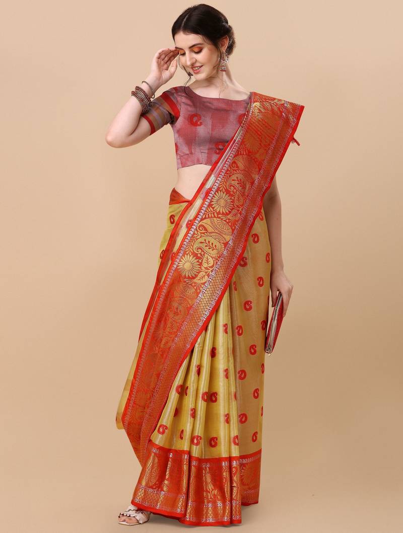 Yellow organza woven zari work saree with blouse