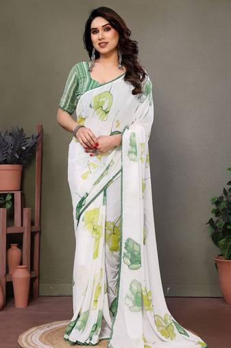 Green georgette printed zari work saree with blouse