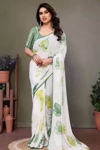 Green georgette printed zari work saree with blouse