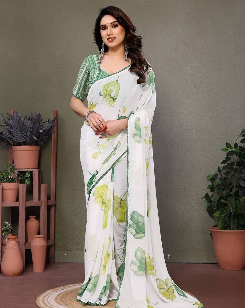 Green georgette printed zari work saree with blouse