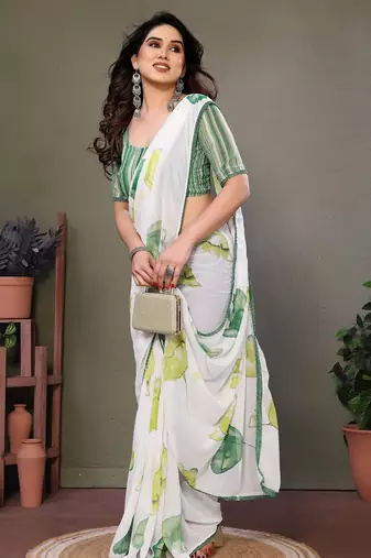 Green georgette printed zari work saree with blouse