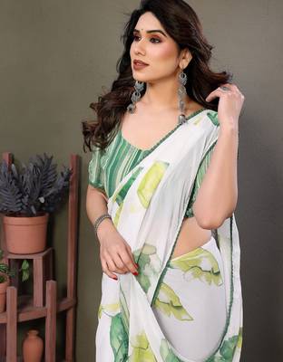 Green georgette printed zari work saree with blouse 3