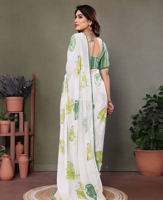 Green georgette printed zari work saree with blouse 4