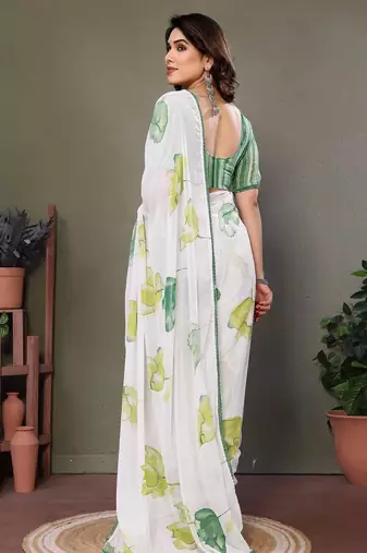 Green georgette printed zari work saree with blouse
