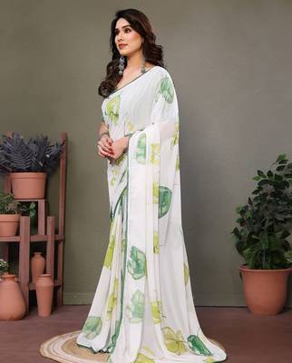 Green georgette printed zari work saree with blouse 5