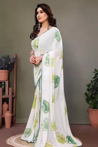 Green georgette printed zari work saree with blouse