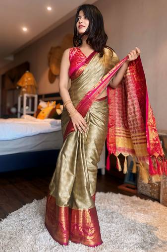 Multicolor blended cotton woven zari work saree with blouse