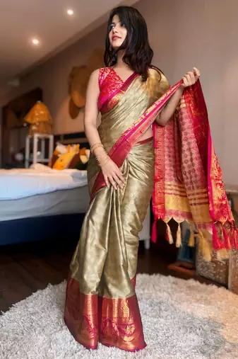 Multicolor blended cotton woven zari work saree with blouse