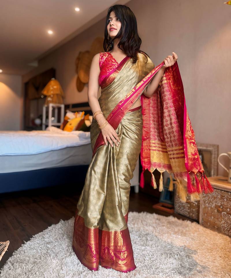 Multicolor blended cotton woven zari work saree with blouse