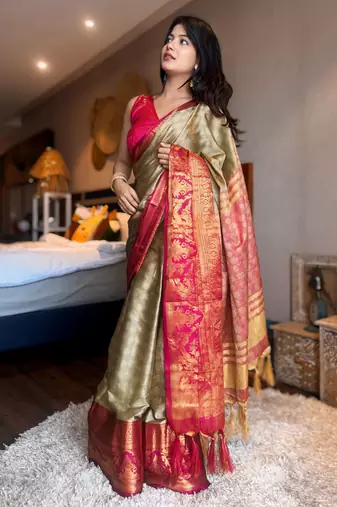 Multicolor blended cotton woven zari work saree with blouse