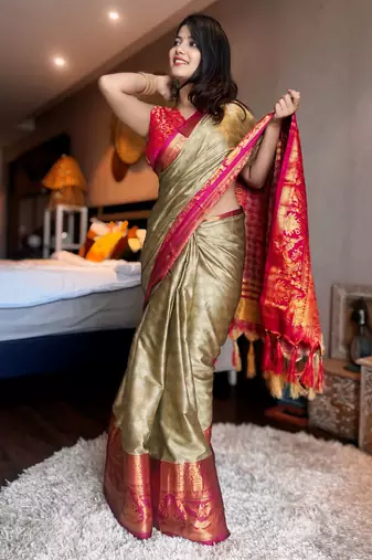 Multicolor blended cotton woven zari work saree with blouse