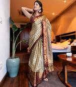 Beige blended cotton woven zari work saree with blouse