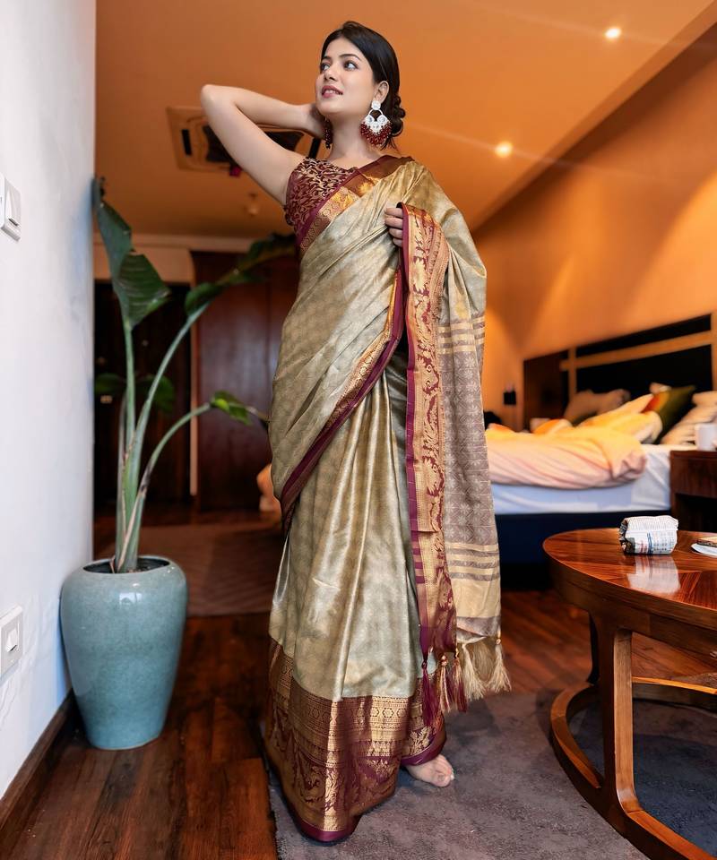 Beige blended cotton woven zari work saree with blouse