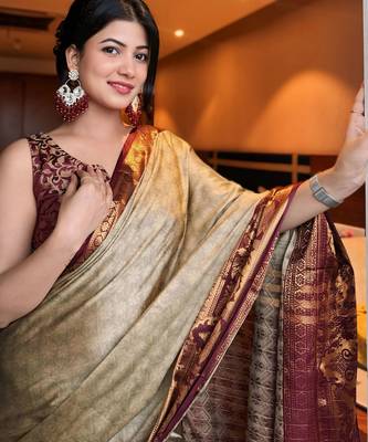 Beige blended cotton woven zari work saree with blouse 2
