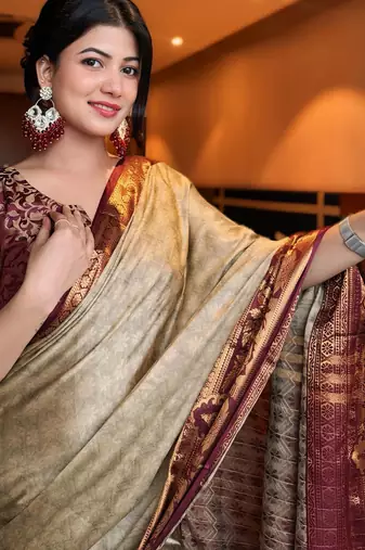 Beige blended cotton woven zari work saree with blouse