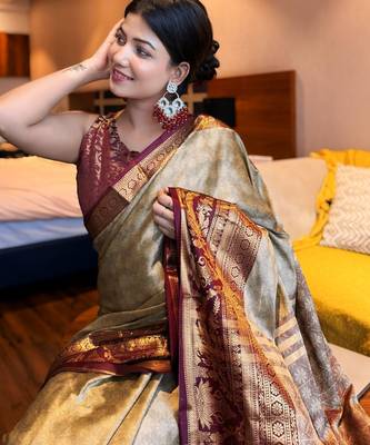 Beige blended cotton woven zari work saree with blouse 3