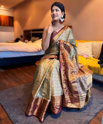 Beige blended cotton woven zari work saree with blouse 4
