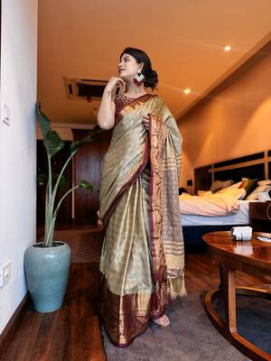 Beige blended cotton woven zari work saree with blouse 5