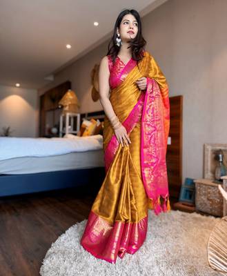 Gold blended cotton woven zari work saree with blouse 1