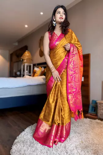 Gold blended cotton woven zari work saree with blouse