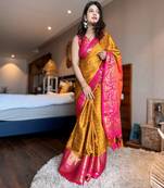 Gold blended cotton woven zari work saree with blouse