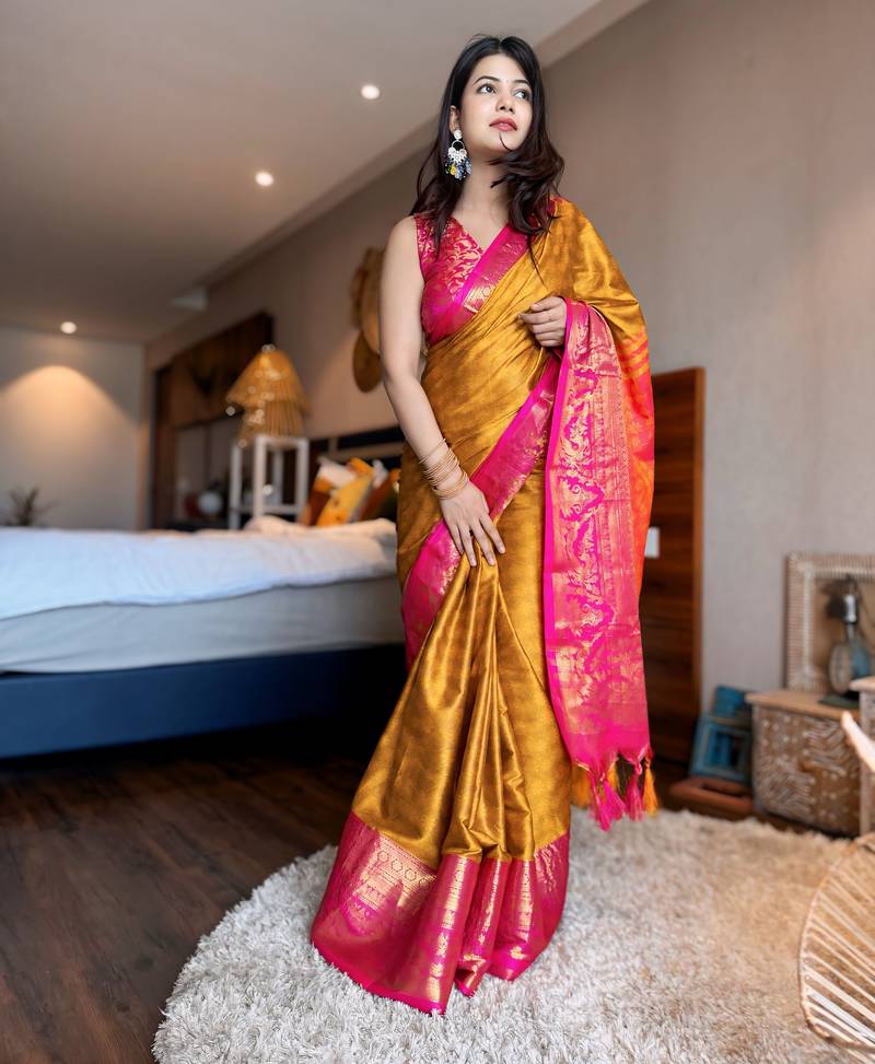 Gold blended cotton woven zari work saree with blouse