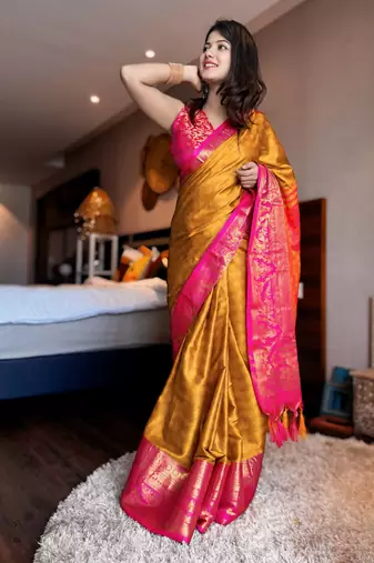 Gold blended cotton woven zari work saree with blouse