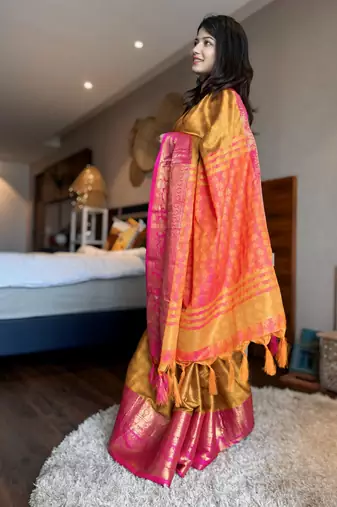 Gold blended cotton woven zari work saree with blouse