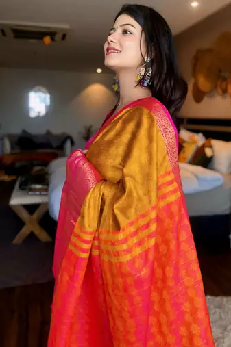Gold blended cotton woven zari work saree with blouse