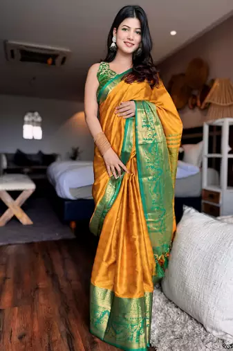 Gold blended cotton woven zari work saree with blouse