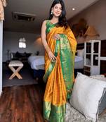 Gold blended cotton woven zari work saree with blouse