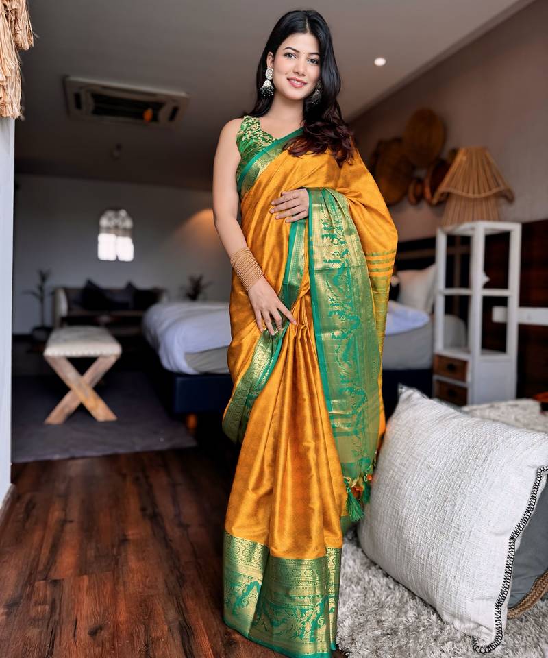 Gold blended cotton woven zari work saree with blouse