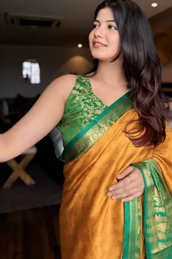 Gold blended cotton woven zari work saree with blouse
