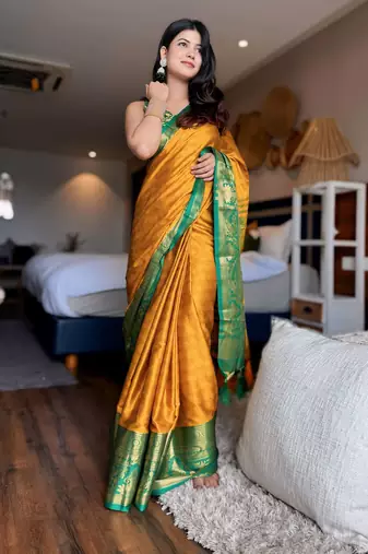 Gold blended cotton woven zari work saree with blouse