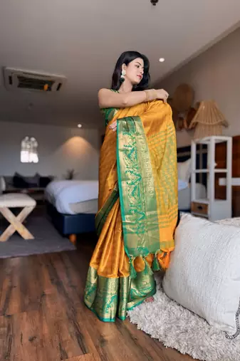Gold blended cotton woven zari work saree with blouse