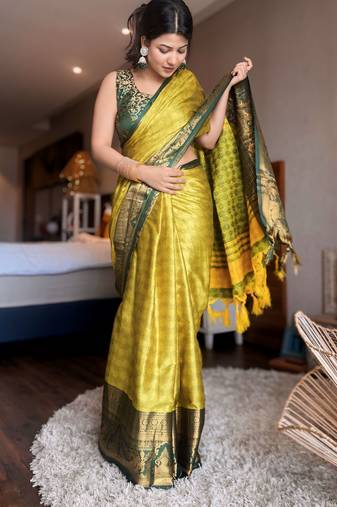 Light green blended cotton woven zari work saree with blouse