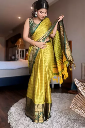 Light green blended cotton woven zari work saree with blouse