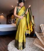 Light green blended cotton woven zari work saree with blouse